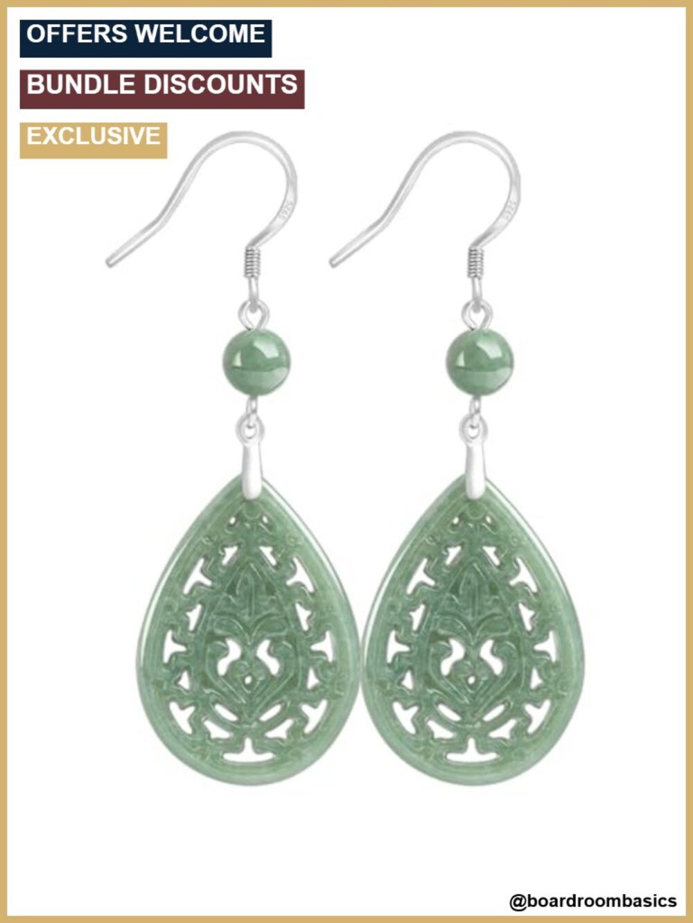 Natural Jade Filigree Dangle Drop Earrings Sterling Silver S925 Teardrop